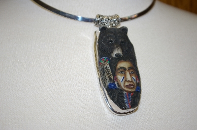 +MBA #16-351  Hand Carved & Painted Indian & Bear Pendant