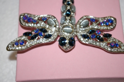 +MBA #16-584  Large Beautiful Blue & Clear Crystal Dragonfly Pin