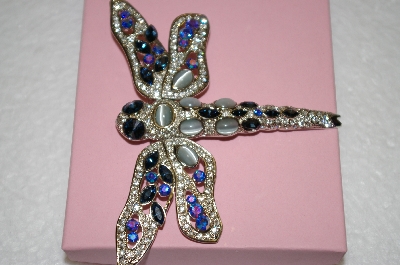 +MBA #16-584  Large Beautiful Blue & Clear Crystal Dragonfly Pin