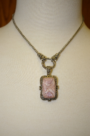 +MBA #17-177  Suspicion Pink Mother Of Pearl Marcasite Enhancer With Matching Chain