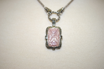 +MBA #17-177  Suspicion Pink Mother Of Pearl Marcasite Enhancer With Matching Chain