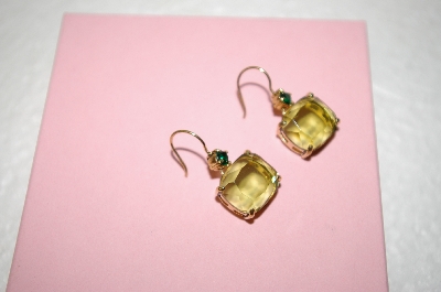 +MBA #17-557  Gold Plated Green Glass & Crystal Earrings