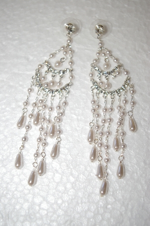 +MBA #17-466  Glass Pearl & Clear Crystal Fancy Drop Earrings