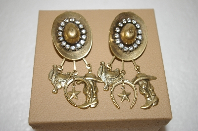 +MBA #17-711  "Antique Gold Tone Cowboy Hat With Charms Earrings