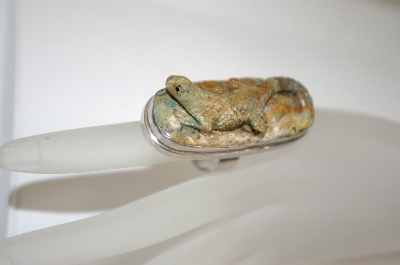 +MBA #18-288  Sterling Green Turquoise Hand Carved Lizzard Ring