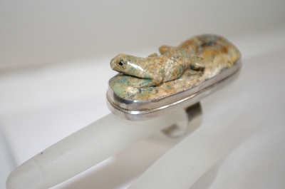 +MBA #18-288  Sterling Green Turquoise Hand Carved Lizzard Ring