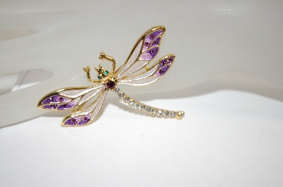 +MBA #18-387  Purple & White Enamel Crystal Dragonfly Pin