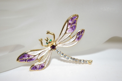+MBA #18-387  Purple & White Enamel Crystal Dragonfly Pin