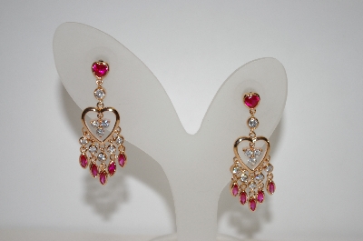 +MBA #19-108  Gold Plated Clear & Red CZ Heart Dangle Earrings