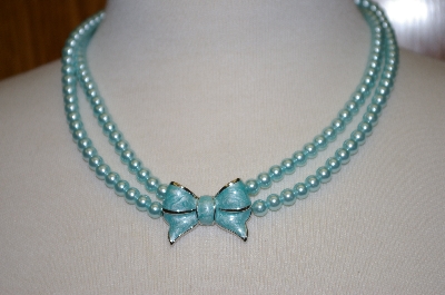 +MBA #19-604  Majestic 2 Row Blue Simulated Pear Necklace With Enameled Bow
