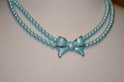 +MBA #19-604  Majestic 2 Row Blue Simulated Pear Necklace With Enameled Bow