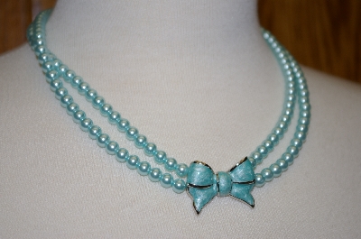 +MBA #19-604  Majestic 2 Row Blue Simulated Pear Necklace With Enameled Bow