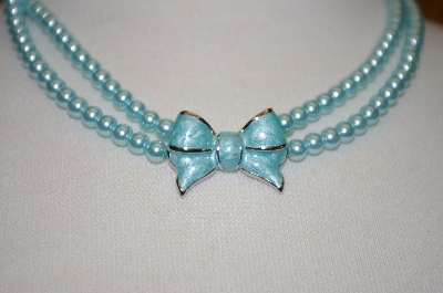 +MBA #19-604  Majestic 2 Row Blue Simulated Pear Necklace With Enameled Bow