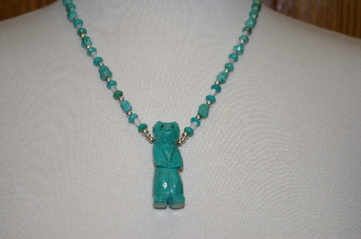 +MBA #20-533 Blue Turquoise,Mother Of Pearl Sterling Hand Carved Bear Necklace