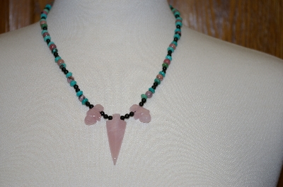 +MBA #20-147  Blue Turquoise,Black Onyx,Rhodonite & Rose Quartz Necklace