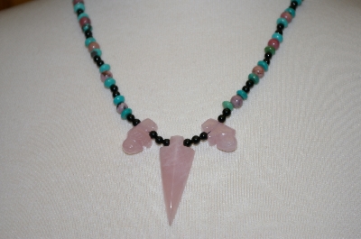 +MBA #20-147  Blue Turquoise,Black Onyx,Rhodonite & Rose Quartz Necklace