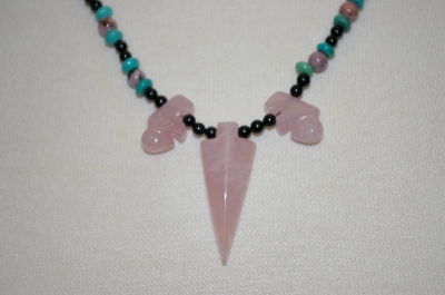 +MBA #20-147  Blue Turquoise,Black Onyx,Rhodonite & Rose Quartz Necklace
