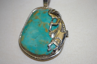 +MBA #21-813  "Artist Signed "J" Fancy Green Turquoise Hopi Sterling Pendant