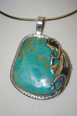 +MBA #21-813  "Artist Signed "J" Fancy Green Turquoise Hopi Sterling Pendant