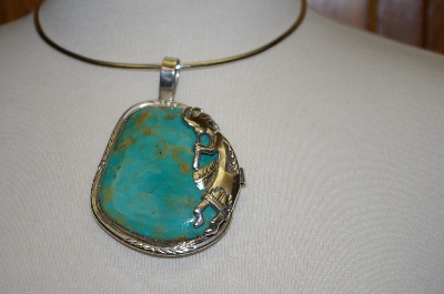 +MBA #21-813  "Artist Signed "J" Fancy Green Turquoise Hopi Sterling Pendant