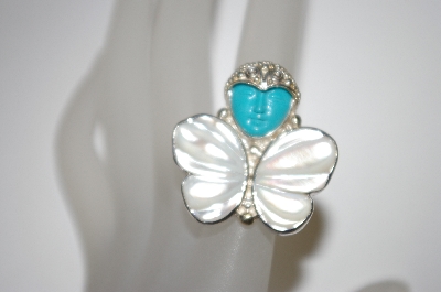 +MBA #21-467  "Sajen Sterling Mother Of Pearl & Blue Turquoise Ring