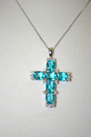 +MBA #21-204  Artist Stamped Sterling Sky Blue & Clear Zircon Cross Pendant With Chain