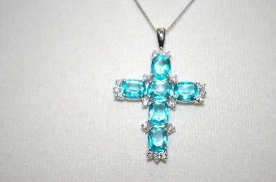 +MBA #21-204  Artist Stamped Sterling Sky Blue & Clear Zircon Cross Pendant With Chain