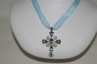 +MBA #78-234   Platinum Plated Sterling Pearl & Gemstone Cross With Ribbon