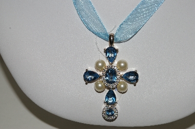 +MBA #78-234   Platinum Plated Sterling Pearl & Gemstone Cross With Ribbon