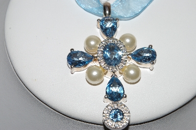 +MBA #78-234   Platinum Plated Sterling Pearl & Gemstone Cross With Ribbon