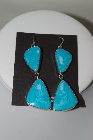 +MBA #78-163    "3" Long Sterling Hand Made Large Blue Turquoise Earrings