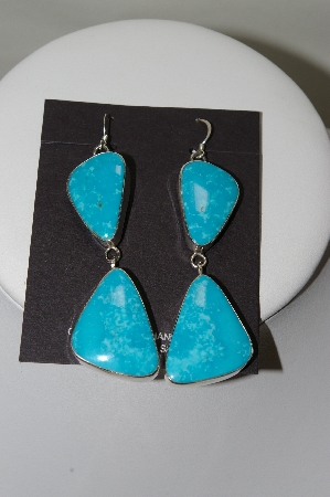 +MBA #78-163    "3" Long Sterling Hand Made Large Blue Turquoise Earrings