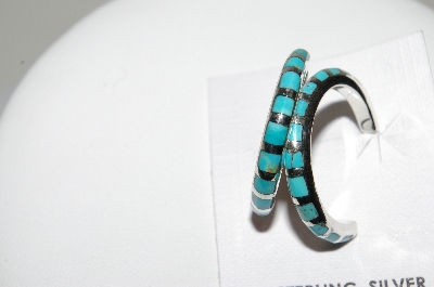 +MBA #78-184  Sterling Handmade Blue Turquoise Inlay Hoop Earrings