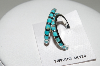 +MBA #78-184  Sterling Handmade Blue Turquoise Inlay Hoop Earrings