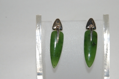 +MBA #80-101  Sterling Fancy Cut Dark Green Jade Earrings