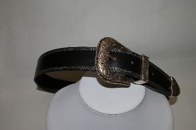 +MBA #81-119   "Made In The USA Black Leather Belt With Silvertone Buckle & Tip