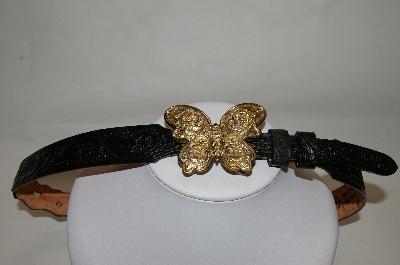+MBA #81-075  "Silver Creek Collection Black Leather Hand Tooled Belt With Butterfly Buckle