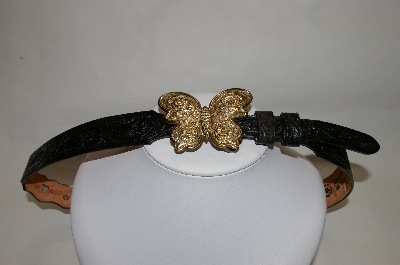 +MBA #81-075  "Silver Creek Collection Black Leather Hand Tooled Belt With Butterfly Buckle