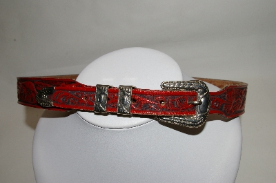 +MBA #81-070  "Made In The USA Red Leather Hand Tooled belt