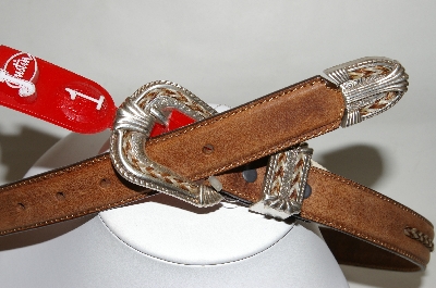 +MBA #81-063  "Tony Lama Tan Leather Horse Hair Trimed Belt & Buckle