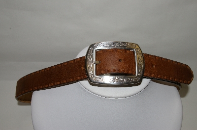 +MBA #82-106  "Justin Tan Stitch Leather Belt With Silver Plated Buckle
