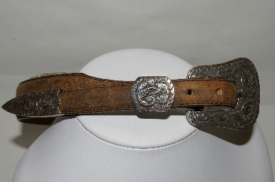 +MBA #82-103   "1993 Justin Tan Leather Belt With Silver Plated 3 Piece Buckle Set