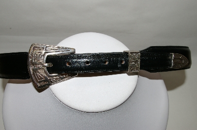 +MBA #82-111  "Justin 1993 Black Leather Belt With 3 Piece Silver Plated Buckle Set