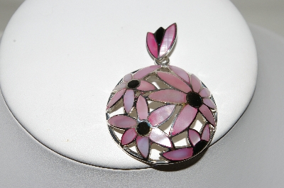 +MBA #84-131  Sterling Pink & Black Shell Hand Inlayed Floral Pendant