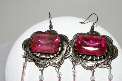 +MBA #86-013  Antiqued Gold Tone Concho "Pink" Dangle Earrings