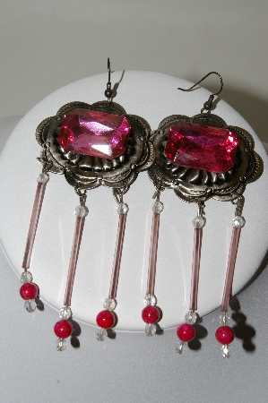 +MBA #86-013  Antiqued Gold Tone Concho "Pink" Dangle Earrings