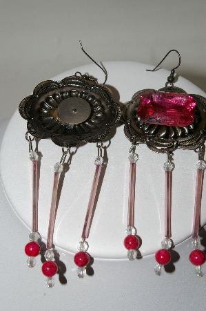 +MBA #86-013  Antiqued Gold Tone Concho "Pink" Dangle Earrings