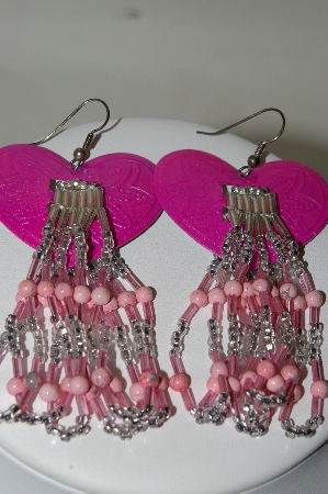 +MBA #87-337   Pink Enameled Heart Shaped Concho & Hand Beaded Earrings