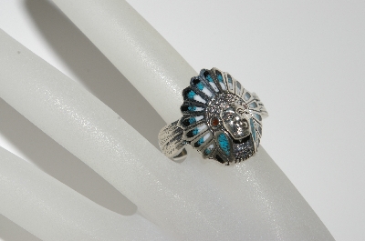 + MBA #E44-234   "Sterling Gemstone Inlay Indian Chief Ring"