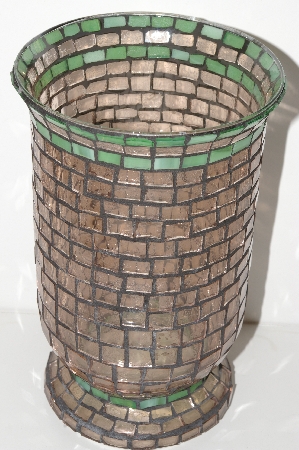 +MBA #S28-352   "Hand Made Pink & Green Stained Glass Mosiac Flower Vase"